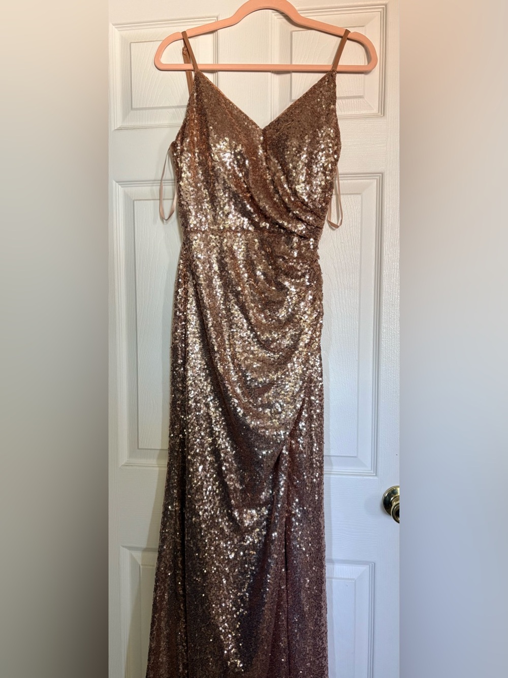 Revelry Strapless Sequin Gown in Rose Gold